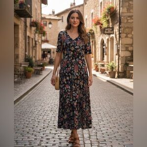 Boho Floral V-Neck Maxi Dress - Earthy Botanical Print